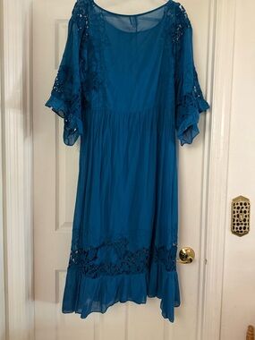 Anthropologie Blue Midi Dress with Lace Insets